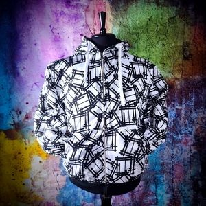 Medium Black and White Geometric Full Zip Lined Hoodie